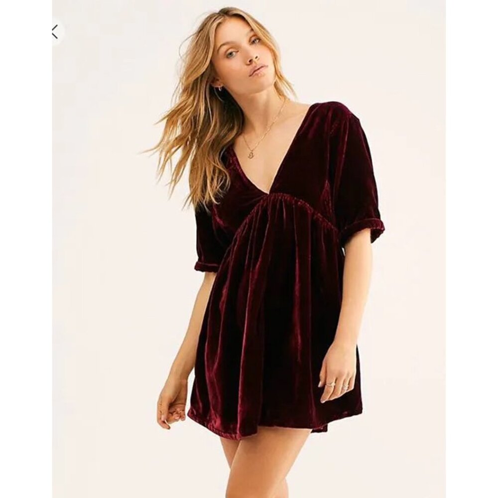 Free People Ivy Velvet Mini Dress Wine M